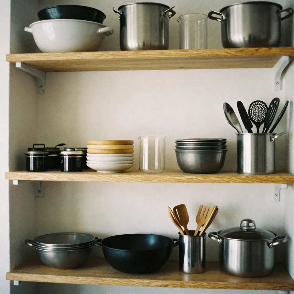 Kitchen utensil curation selection on shelving